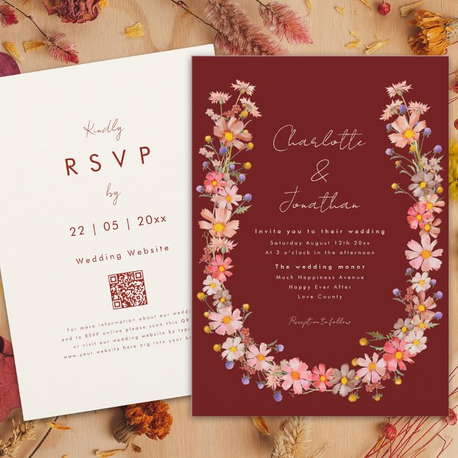 Boho Wildblume Terracotta Hochzeit im Herbst Einladung (Wildflower Dried flower wreath terracotta fall wedding invitation )