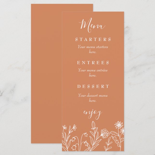 Boho Wildblume Terracotta Hochzeit Menükarte (Vorne/Hinten)