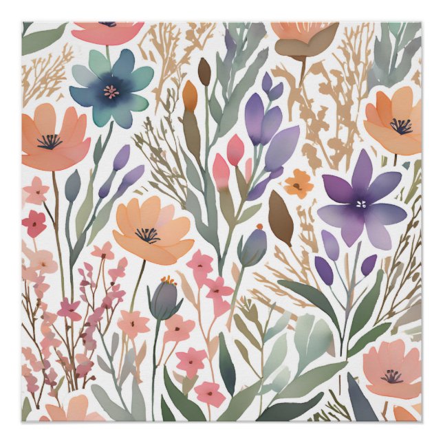 Boho Wildblume Watercolor Floral Pastell Poster (Vorderseite)