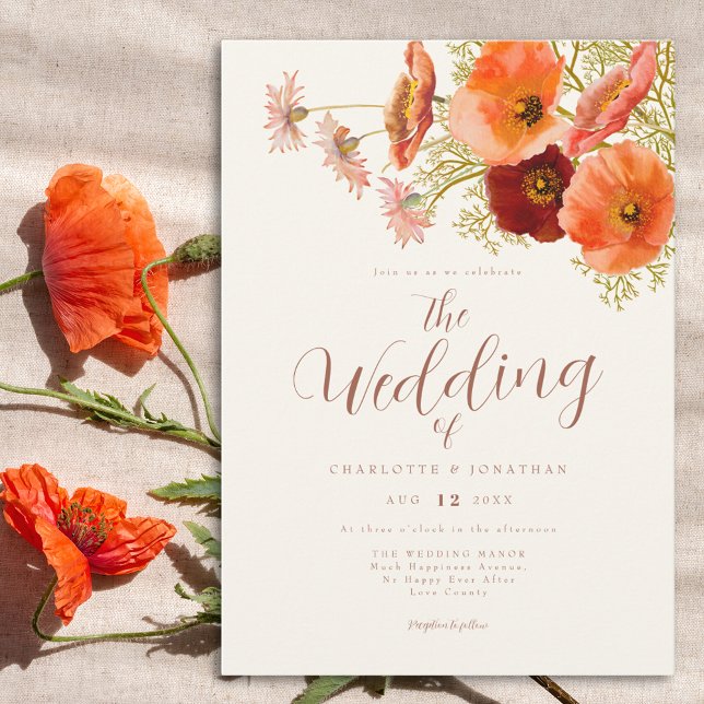 Boho Wildblume Wedding Einladung (Boho wildflower wedding invitation with elegant script orange and brown watercolor florals)