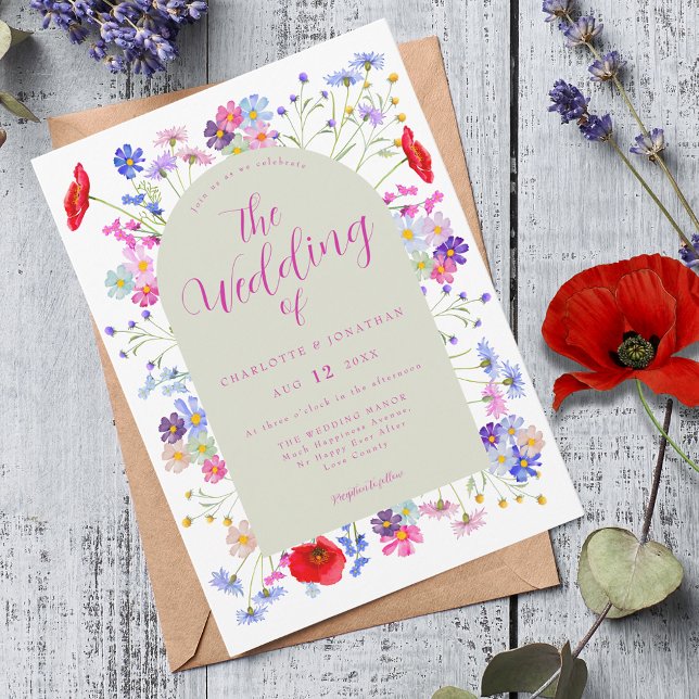 Boho Wildblume Wedding Einladung (Colorful wildflower boho chic pink script wedding invitation )