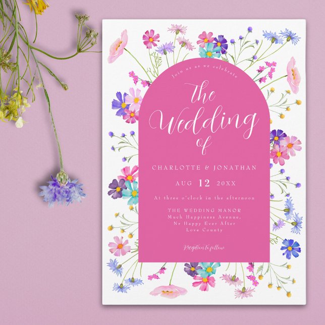 Boho Wildblume Wedding Einladung (Colorful wildflower elegant hot pink summer wedding invitation )