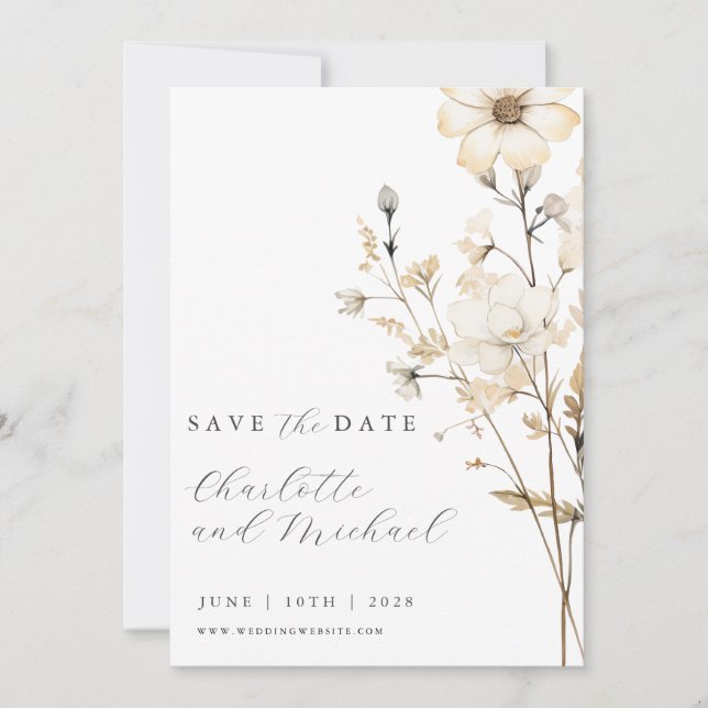 Boho Wildblume Wedding | Elfenbein Save The Date (Vorderseite)