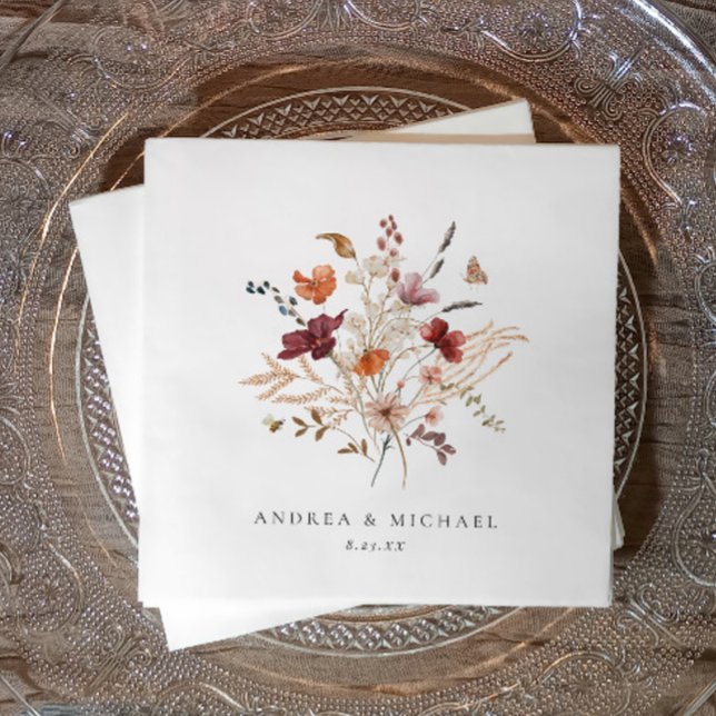 Boho Wildblume Wedding Fall Floral Serviette (Soft watercolor wildflower napkin with names and date—ideal for rustic, boho, or garden weddings.)