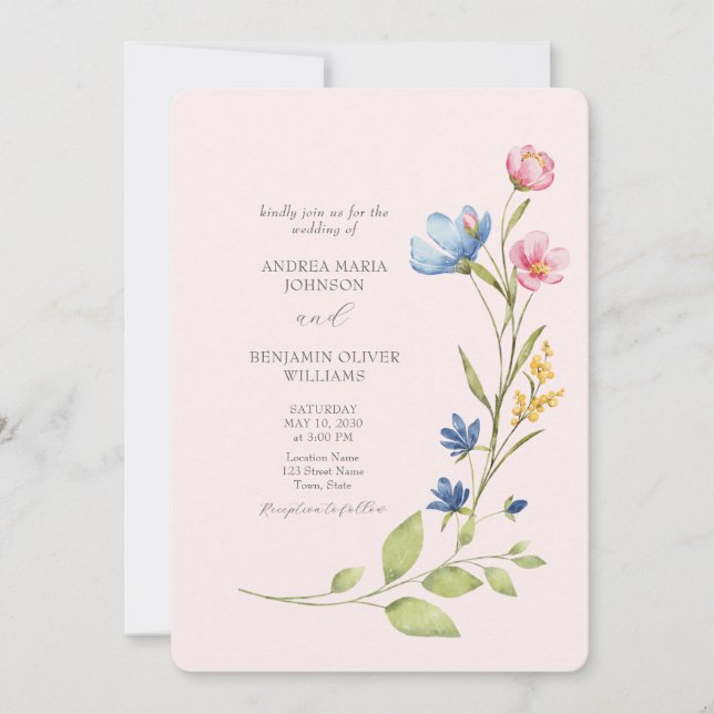 Boho Wildblume Wedding Invite mit QR Code Einladung (Vorderseite)