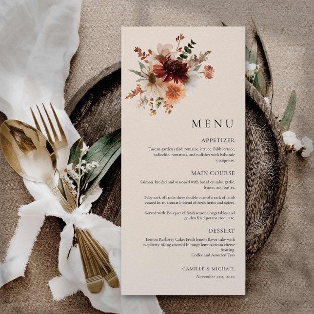 Boho Wildblume Wedding Menu Card Menükarte (Elegant Burgundy Floral Wedding Menu Card)