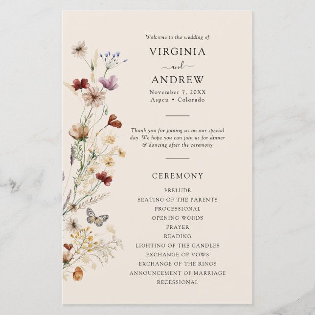 Boho Wildblume Wedding Program (Vorderseite)