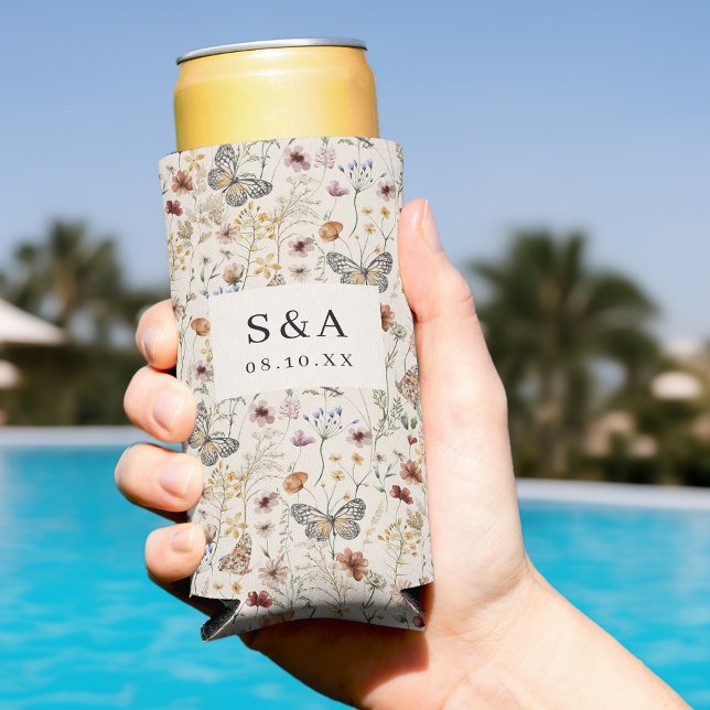 Boho Wildblume Wedding Seltzer Can Cooler Selters Dosenkühler (Tan Boho Wildflower with Butterflies Wedding Seltzer Can Cooler by Painted Paperie
)