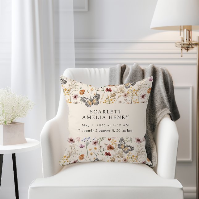 Boho Wildblumen Baby Birth Stats Kissen (Boho Wildflowers Butterflies  Baby Birth Stats Throw Pillow by Painted Paperie
)