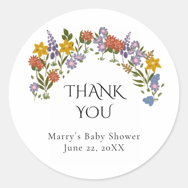 Boho Wildblumen Baby Shower Danke  Runder Aufkleber (Vorderseite)