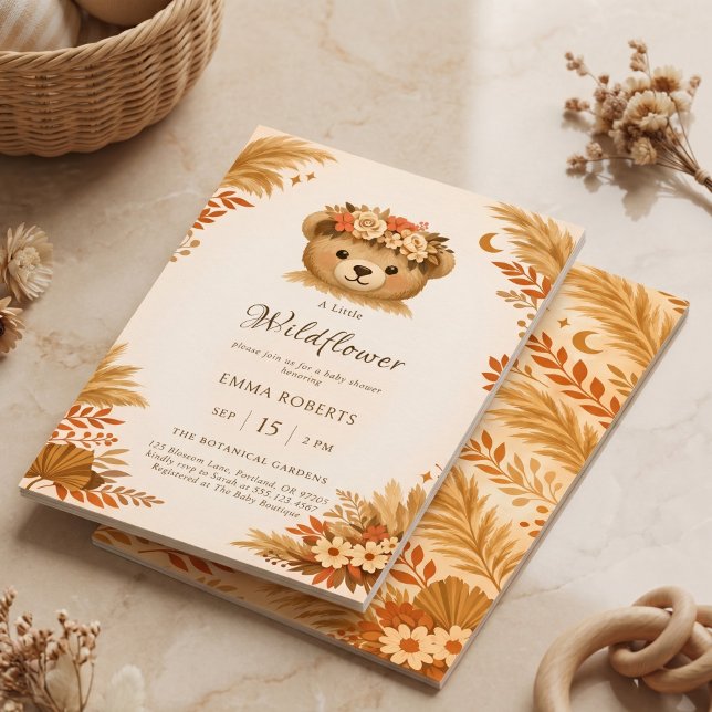 Boho Wildblumen Bär Herbst Pampasgras Einladung (Boho Wildflower Bear Autumn Pampas Grass Invitation)