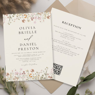 Boho-Wildblumen-Beige-All-in-One-QR-Code-Hochzeit Einladung
