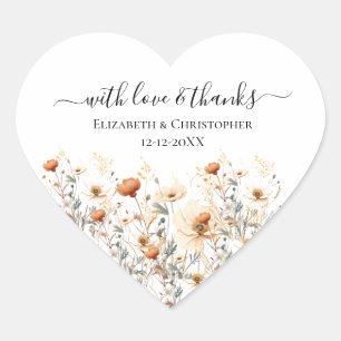 Boho Wildblumen Beige Gastgeschenk Hochzeit Sticke Herz-Aufkleber