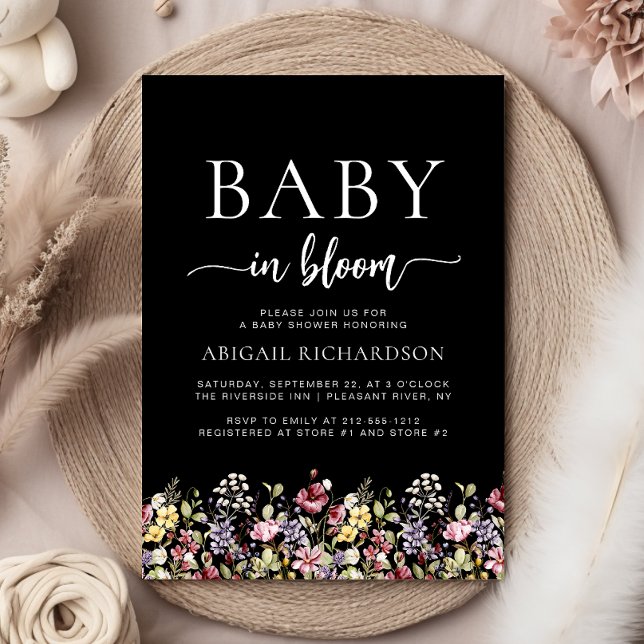 Boho Wildblumen Black Baby Shower Einladung (Von Creator hochgeladen)