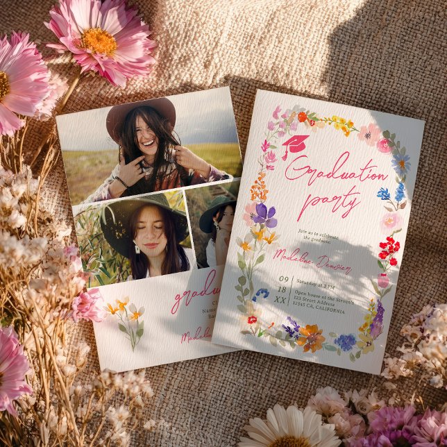 Boho-Wildblumen-Blumen-3-Foto-Abschlussfeier Einladung (Boho Wildflowers Floral 3 Photo Graduation Party Invitation)
