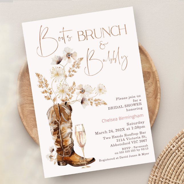 Boho Wildblumen Boots Brunch Bubbly Brautparty Einladung (Boho Floral Boots Brunch Bubbly Bridal Shower Invitation, Wildflowers Boots Bubble Bridal Shower)