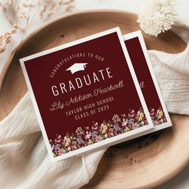 Boho Wildblumen Burgundy Graduation Party Serviette (Von Creator hochgeladen)