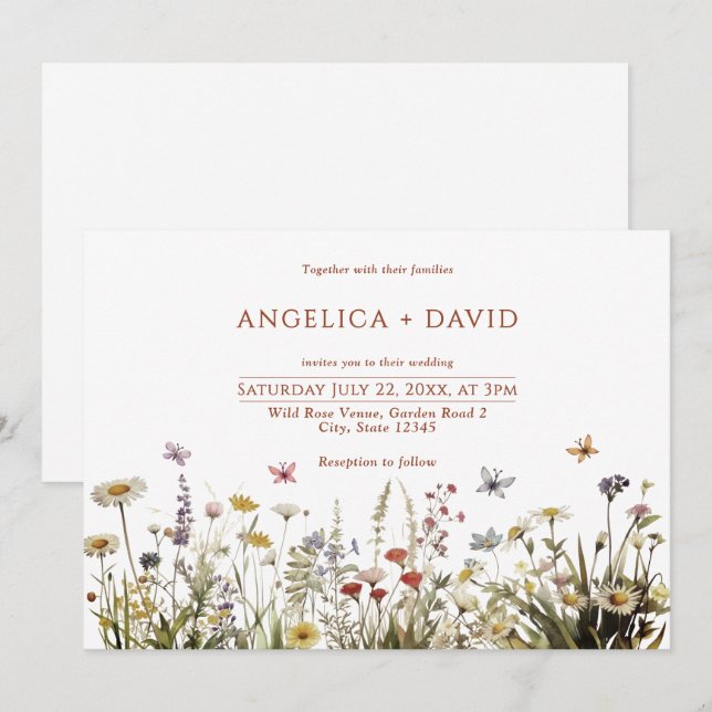Boho Wildblumen Butterflies Einladung Hochzeit (Vorne/Hinten)
