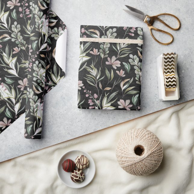 Boho Wildblumen Dusty Pink Sage Green Black Geschenkpapier (Kunsthandwerk)