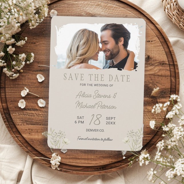 Boho-Wildblumen einfache Foto beigefarbene Salbei- Save The Date (Von Creator hochgeladen)
