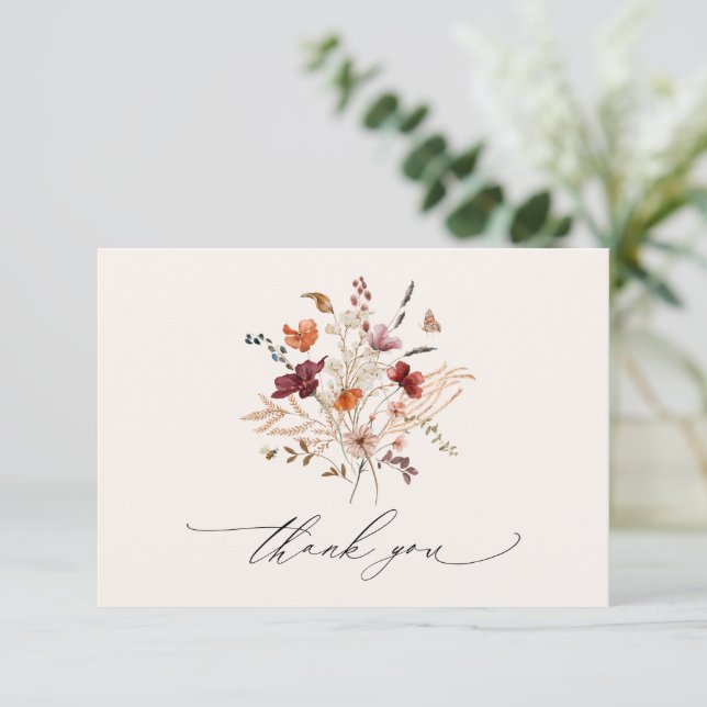Boho Wildblumen Elegante Hochzeit im Herbst Dankeskarte (Stehend Vorderseite)