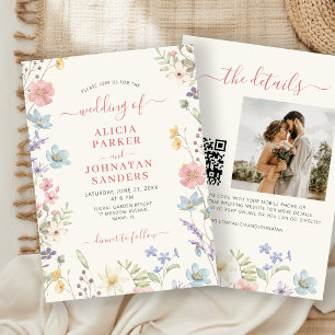Boho-Wildblumen elegante Schrift QR-Code-Hochzeit Einladung