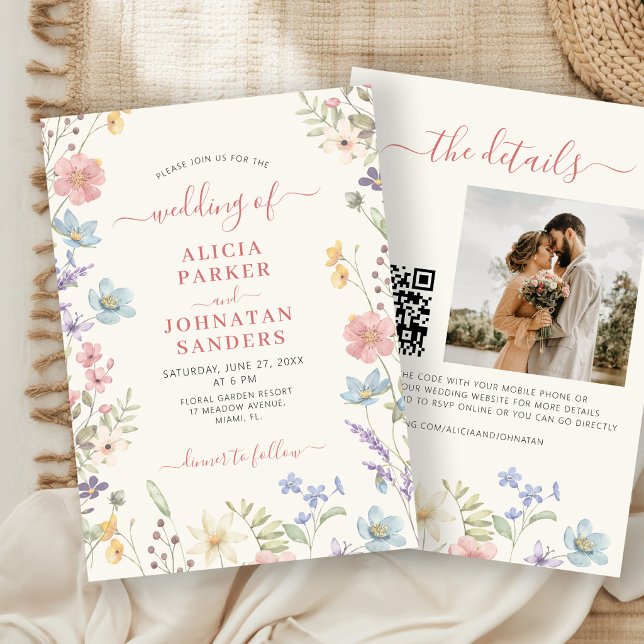 Boho-Wildblumen elegante Schrift QR-Code-Hochzeit Einladung (Von Creator hochgeladen)