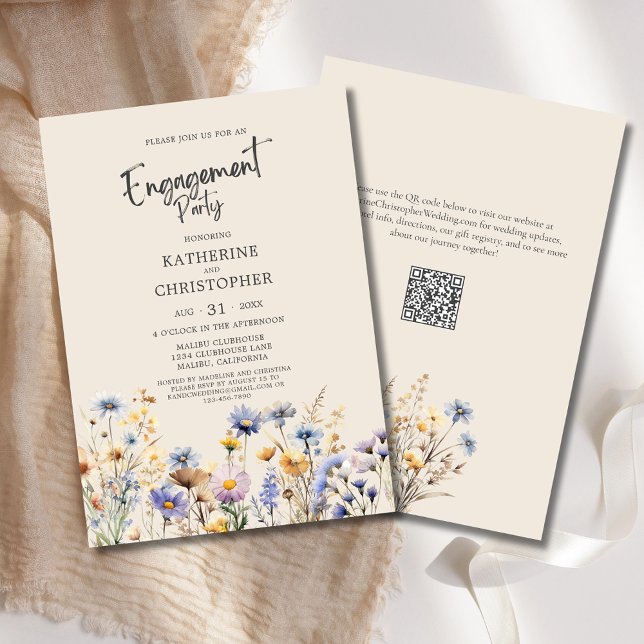 BOHO Wildblumen Engagement Party Elegant Beige Einladung (BOHO Wildflowers Elegant Engagement Party Invitation with Purple, Blue, Yellow Flowers, QR Code.)