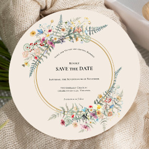 Boho-Wildblumen-Farn-Beige-Hochzeits-Rund Save The Date