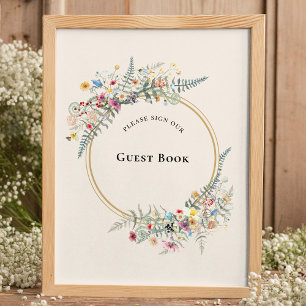 Boho-Wildblumen-Farn-Beige-Hochzeitsgästebuch-Schi Poster