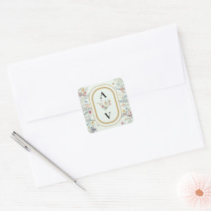 Boho-Wildblumen-Farn-Minzgrün-Monogramm-Geschenk Quadratischer Aufkleber
