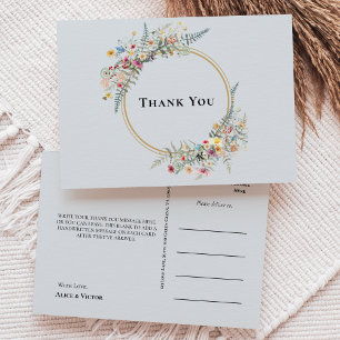 Boho-Wildblumen-Farn-Staubblau-Hochzeits-Dankeschö Postkarte