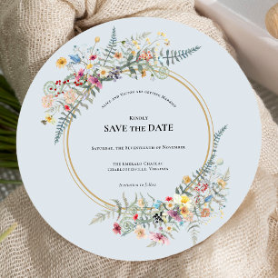Boho-Wildblumen-Farn-Staubblau-Hochzeits-Rund Save The Date