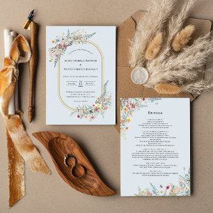 Boho-Wildblumen-Farn-Staubblaue Hochzeitsdetails Einladung