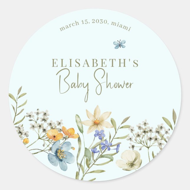 Boho Wildblumen Federbaby Dusche personalisiert Runder Aufkleber (Vorderseite)