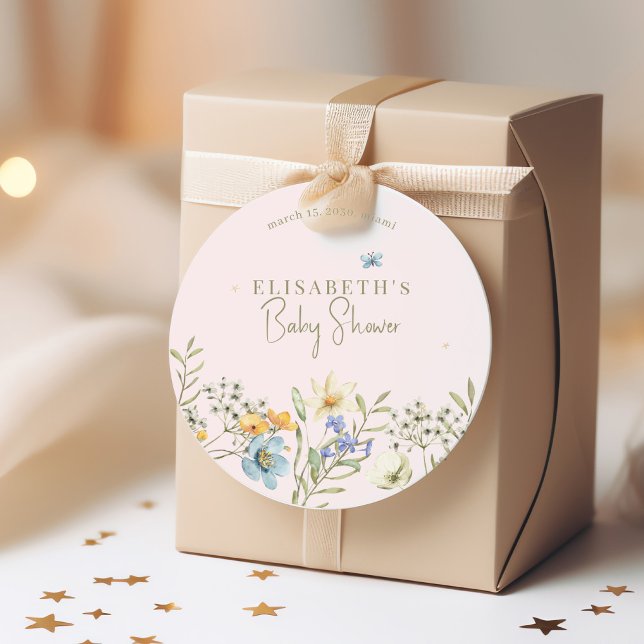 Boho Wildblumen Federbaby Dusche personalisiert Runder Aufkleber (Von Creator hochgeladen)