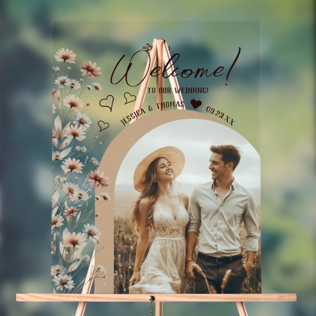 Boho Wildblumen Foto Arch Wedding Willkommen Acrylschild (Neutral)