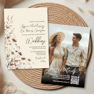 Boho Wildblumen & Foto Moderne QR-Code-Hochzeit Einladung