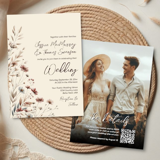 Boho Wildblumen & Foto Moderne QR-Code-Hochzeit Einladung (Front/Back)