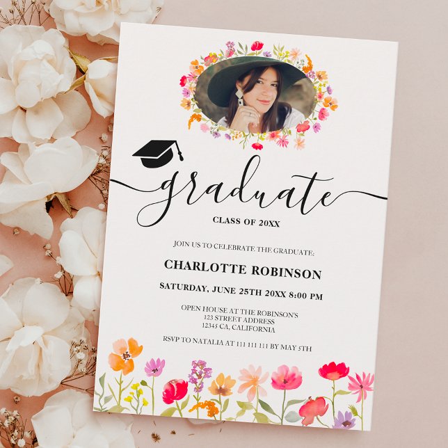 Boho Wildblumen Frühlingsblumen Foto Abschluss Einladung (Boho wildflowers spring floral photo graduation invitation)