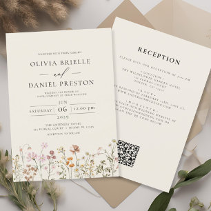 Boho-Wildblumen-Hochzeit in Beige mit QR-Code Einladung