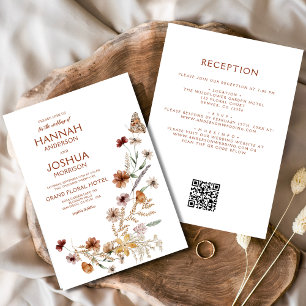 Boho-Wildblumen-Hochzeit in Beige mit QR-Code Einladung
