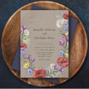Boho-Wildblumen-Hochzeit in Kraft und Lila  Einladung
