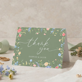 Boho-Wildblumen-Hochzeit in Salbeigrün Dankeskarte