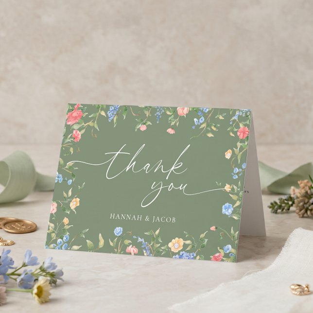 Boho-Wildblumen-Hochzeit in Salbeigrün Dankeskarte (Von Creator hochgeladen)