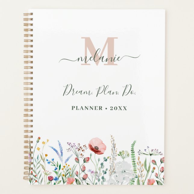 Boho Wildblumen Individuelle Name Monogram Planer (Vorderseite)
