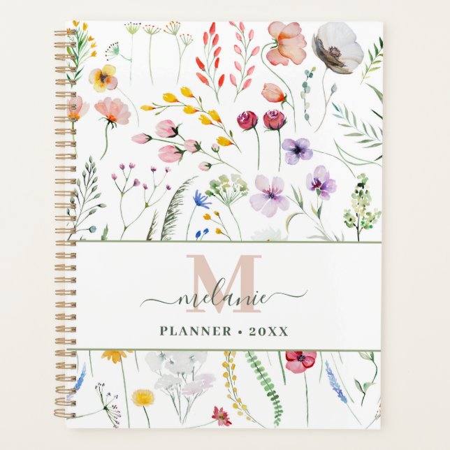 Boho Wildblumen Individuelle Name Monogram Planer (Vorderseite)