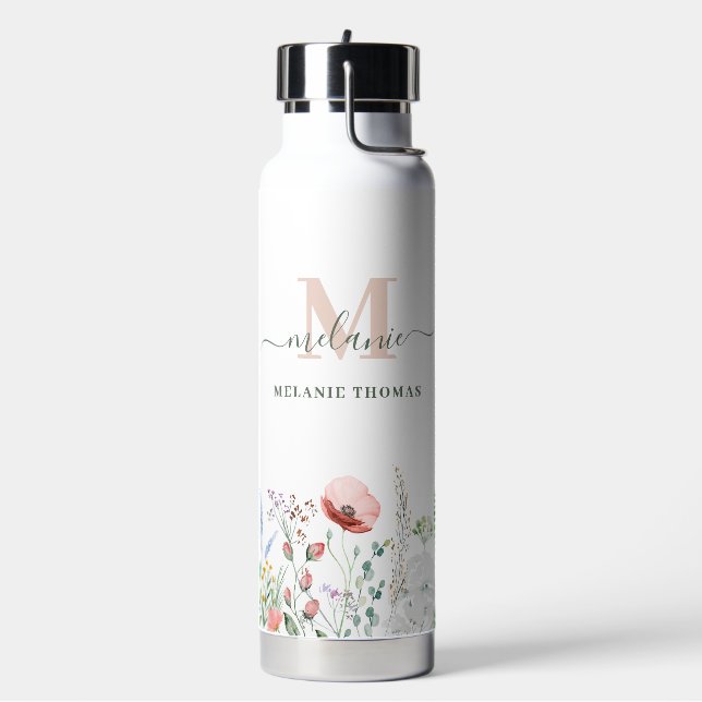 Boho Wildblumen Individuelle Name Monogram Trinkflasche (Links)
