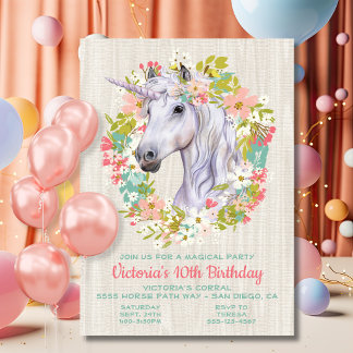 Boho-Wildblumen-Kranz-Einhorn-Geburtstagsfeier Einladung