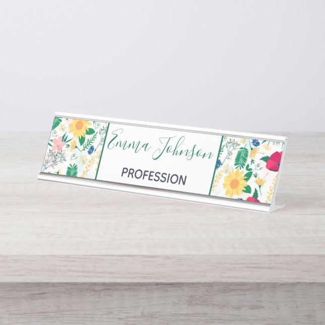 Boho Wildblumen Meadow Floral Design Schreibtischnamensplakette (Vorderseite )